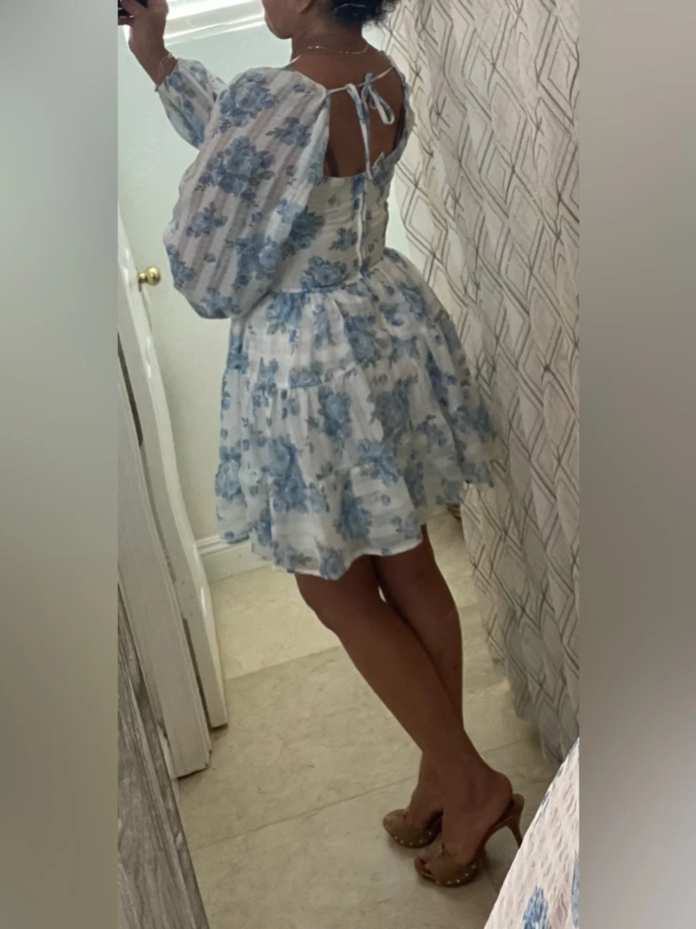 NWOT Altar'd State White Mini Dress with Blue Floral Print - Picture 3 of 10